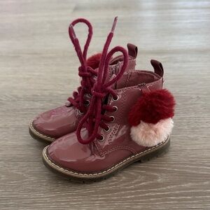Zara Glossy Burgundy Kids Boots with Pom-Poms